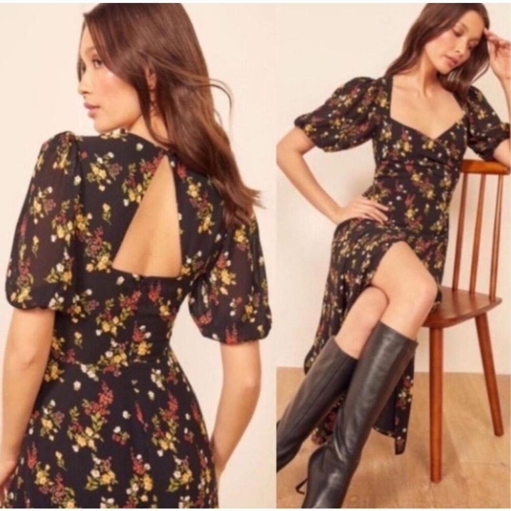Reformation Black Puff Sleeve Sweetheart Midi Dress